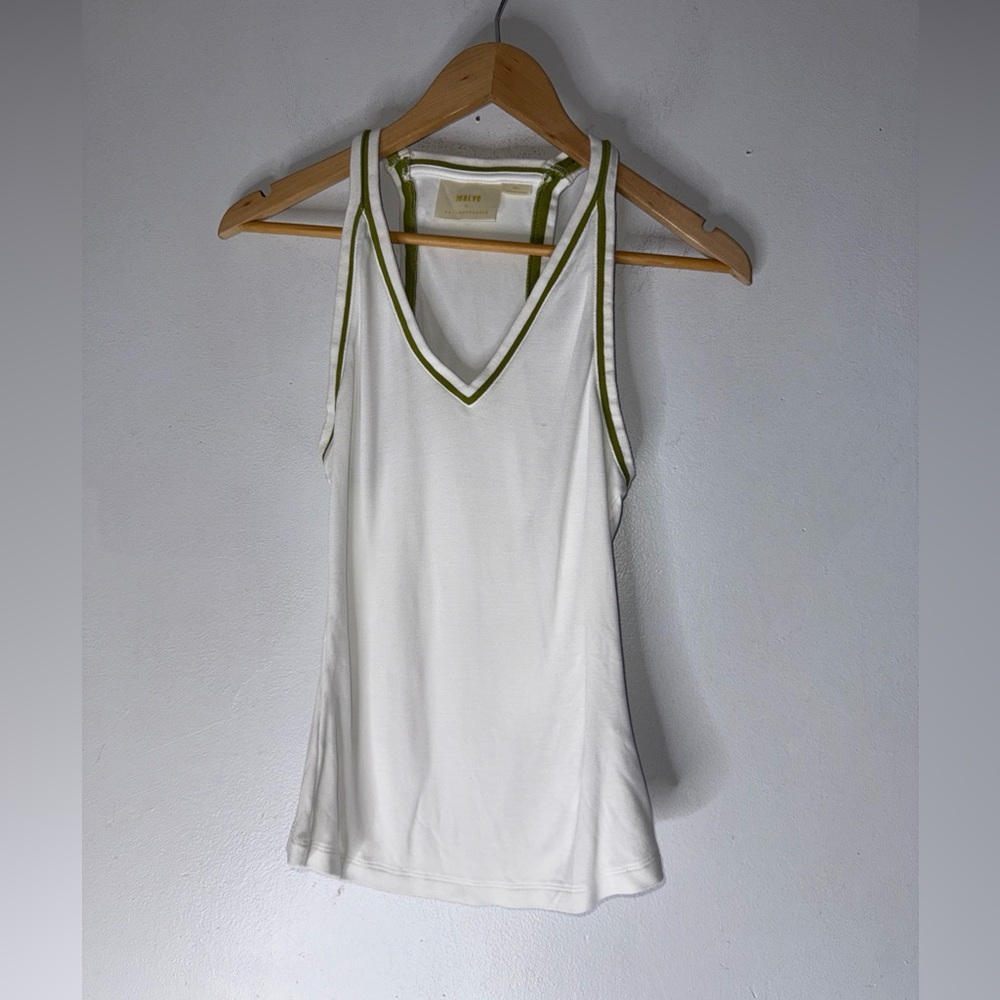 Maeve By Anthropology White‎ Green Trim Tank Sporty Preppy Lounge Gym V-neck S